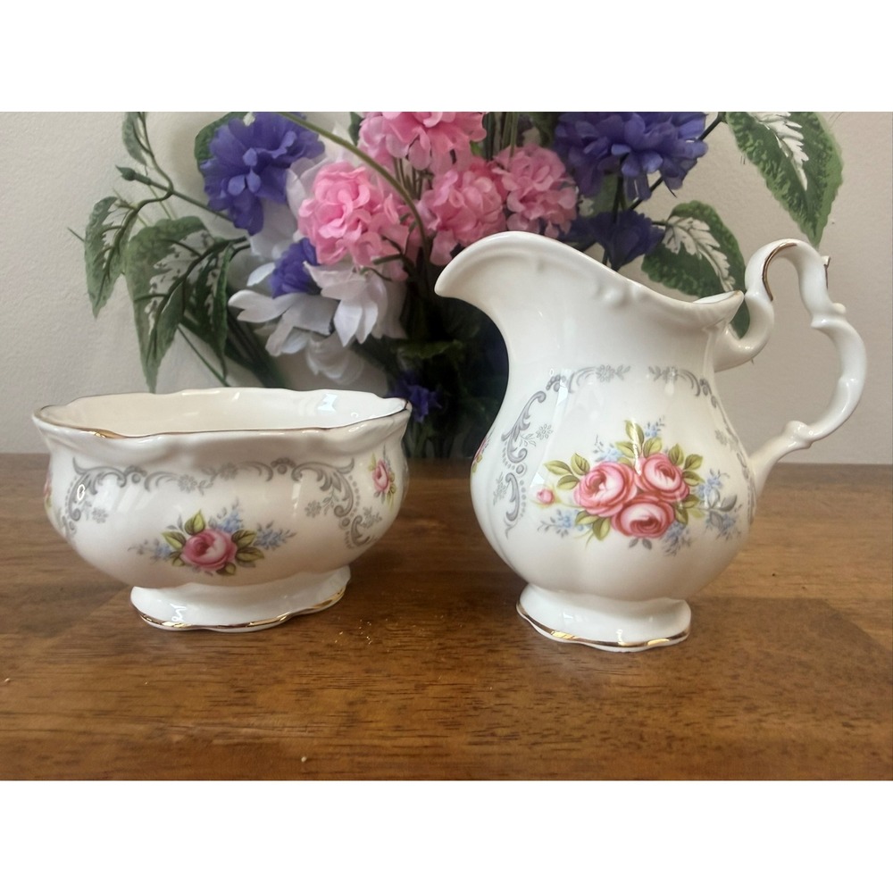 Royal Albert Tranquillity Cream and Sugar Set‎ Pink Roses Gold Trim